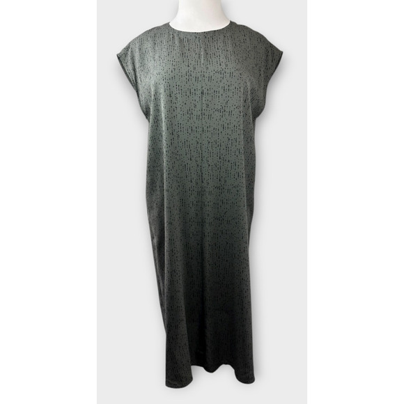 Eileen Fisher 100% Silk Round Neck Maxi Shift Dress Gray Black Print Size Large - Picture 3 of 16